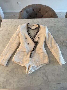 Fashion Nova Cream Tweed Blazer with Black & Gold Trim